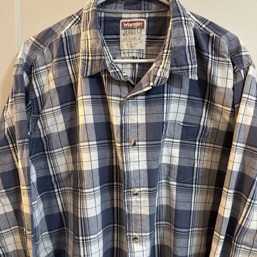 WRANGLER Men's Long Sleeve Blue Plaid Button Up Shirt Size 2XL